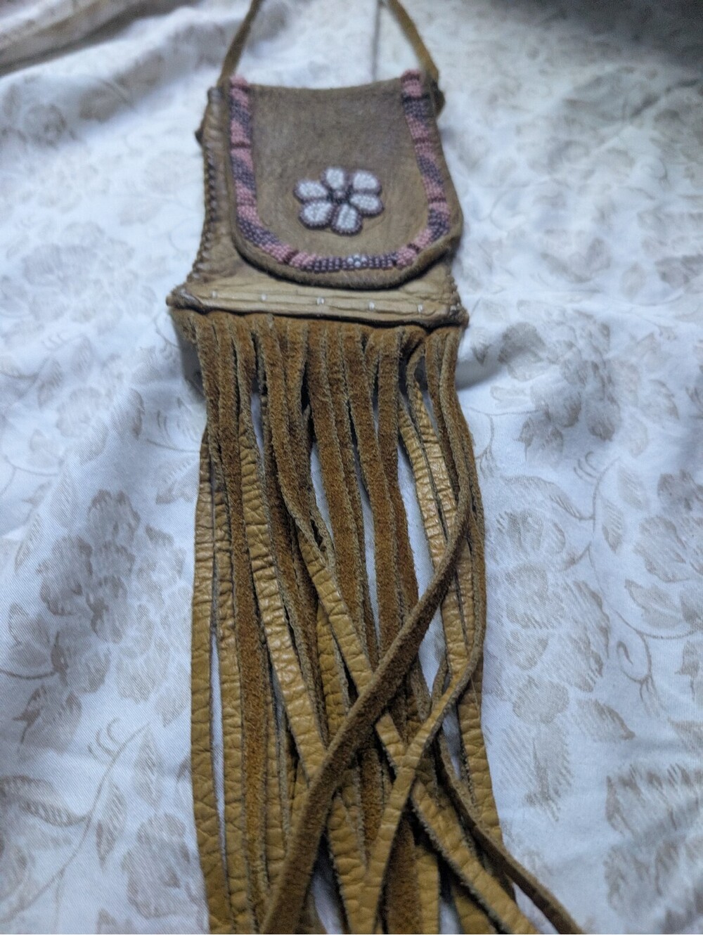 Vintage Handmade Leather Fringe Purse with Beaded Flower Design